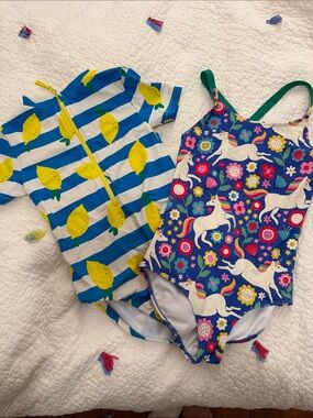 Boden Blue Floral Unicorn One-Piece Swimsuit with Green Straps